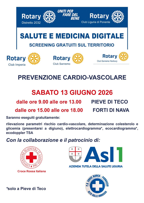 Prevenzione cardio vascolare Sabato 13 Giugno 2026
Screening gratuiti sul territorio